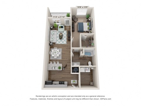 a 3d floor plan of a 1 bedroom apartment at Ardmore at Bryton, Huntersville